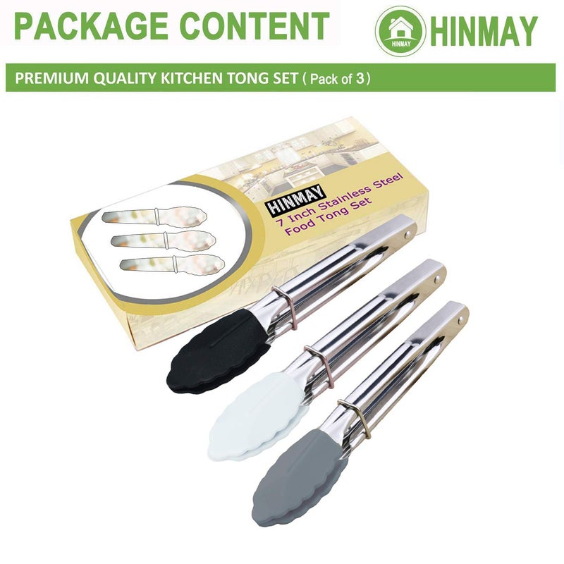 HINMAY Mini Tongs with Silicone Tips 7-Inch Small Serving Tongs, Set of 3 (Black White Gray) - Image 2